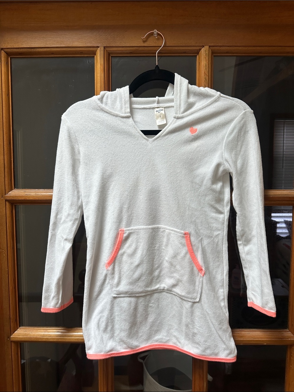 Girls' White Hooded Pullover with Peach Trim